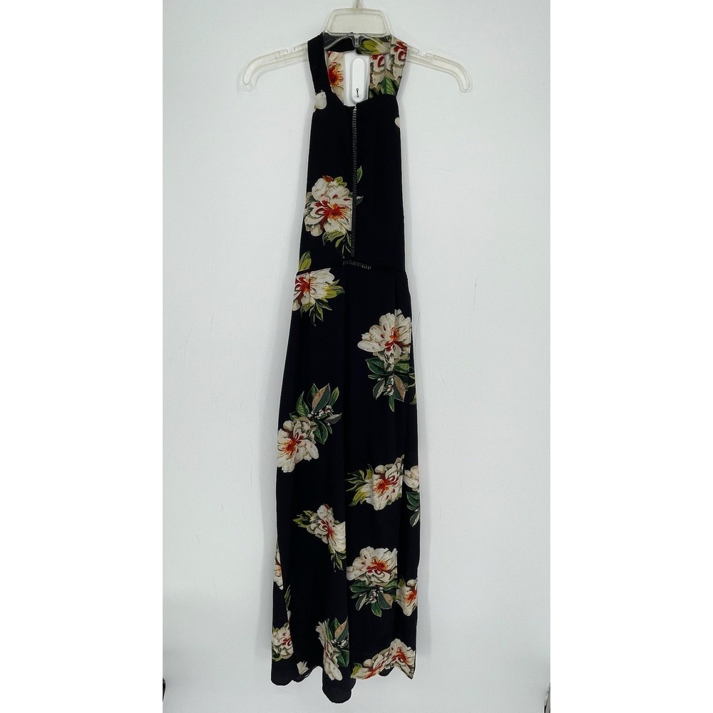FFLMYUHULIU Women's Navy Floral Halter Crochet Trim Tropical Maxi Dress Size M